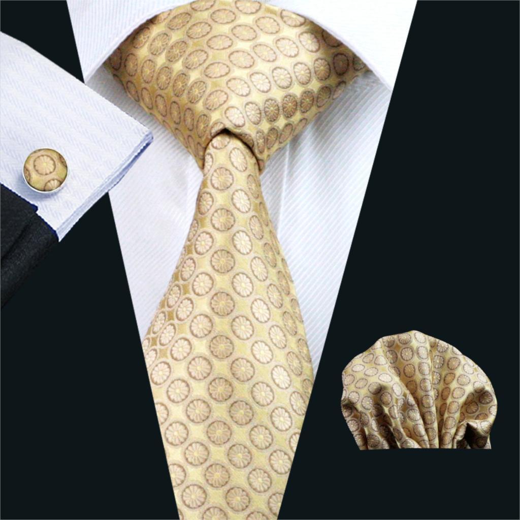 Men's Tie Yellow Dot Silk Jacquard Classic Tie - Hanky Cufflinks Set Ties (2U17)