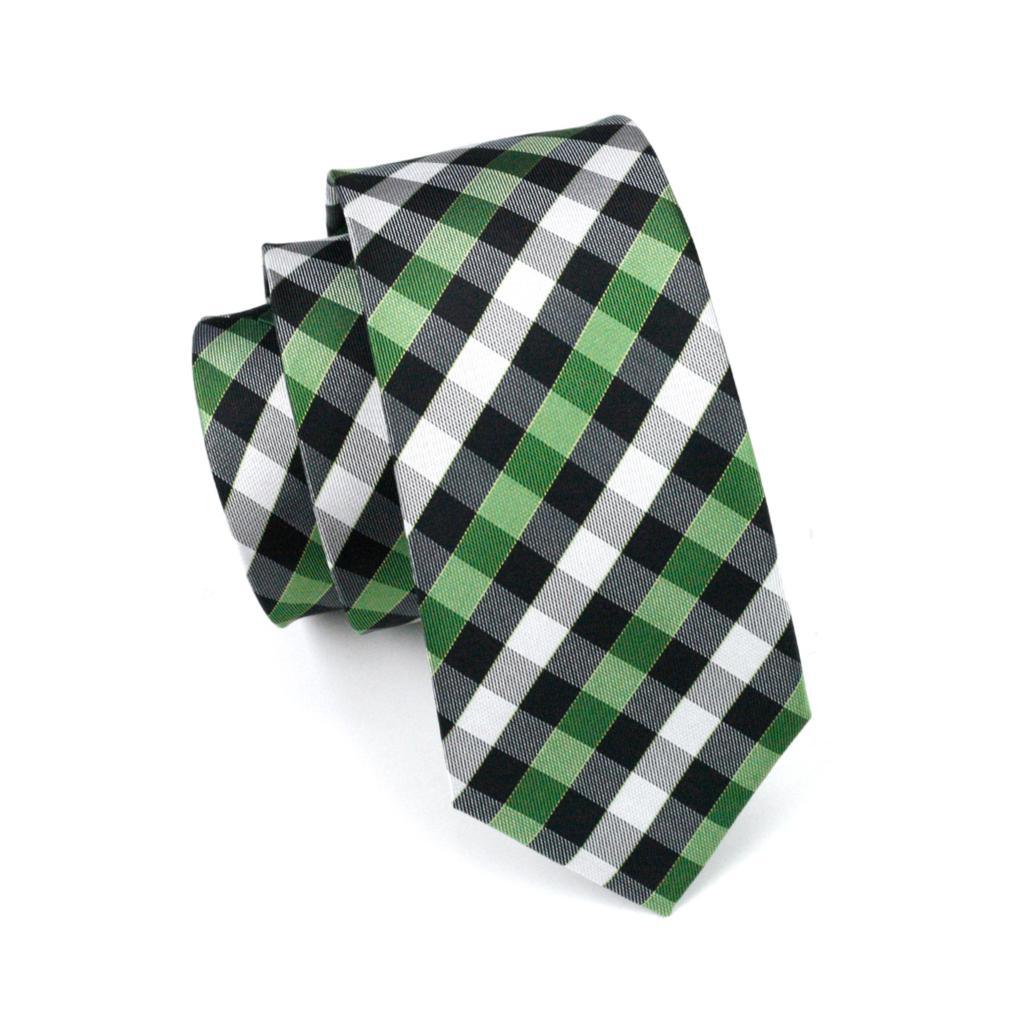 Men's Tie White & Black &Green Plaid Silk Jacquard Woven classical Tie- Hanky Cufflinks Set (2U17)