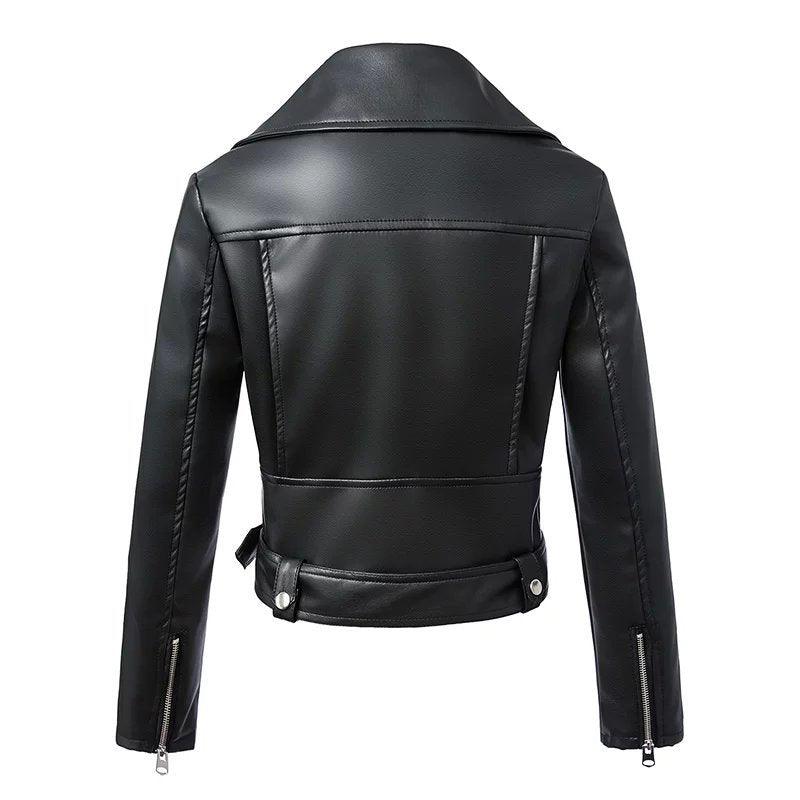New Women Autumn Winter Black Faux Leather Jackets - Zipper Basic Coat Turn Down Collar Jacket With Belt (D23)(TB8B)