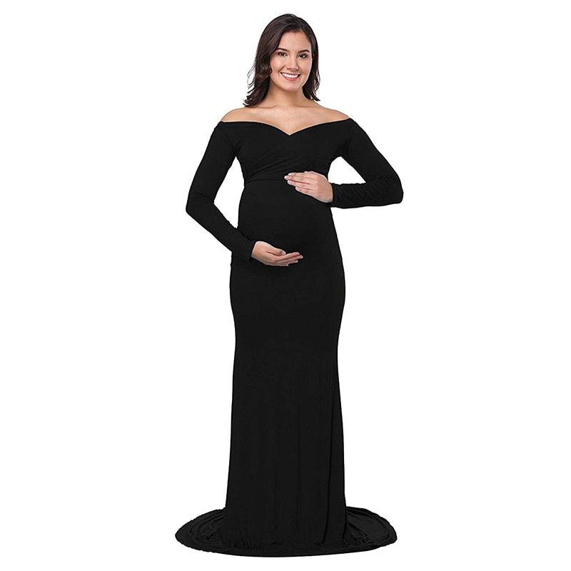 Fall Maternity Elegant Fitted Gown Pregnant Photo Shoot Dress - Long Sleeve V Neck Ruched Slim Fit Maxi (1U5)(Z6)(2Z1)