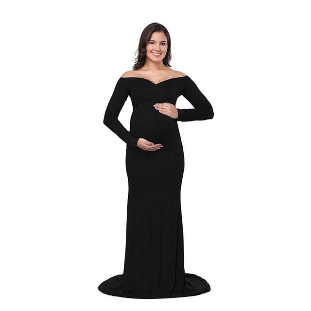 Fall Maternity Elegant Fitted Gown Pregnant Photo Shoot Dress - Long Sleeve V Neck Ruched Slim Fit Maxi (1U5)(Z6)(2Z1)