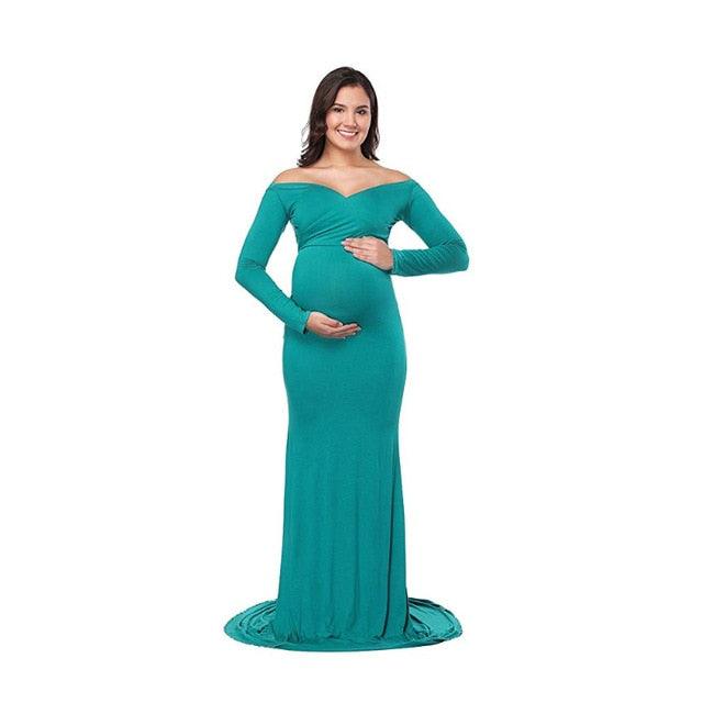 Fall Maternity Elegant Fitted Gown Pregnant Photo Shoot Dress - Long Sleeve V Neck Ruched Slim Fit Maxi (1U5)(Z6)(2Z1)