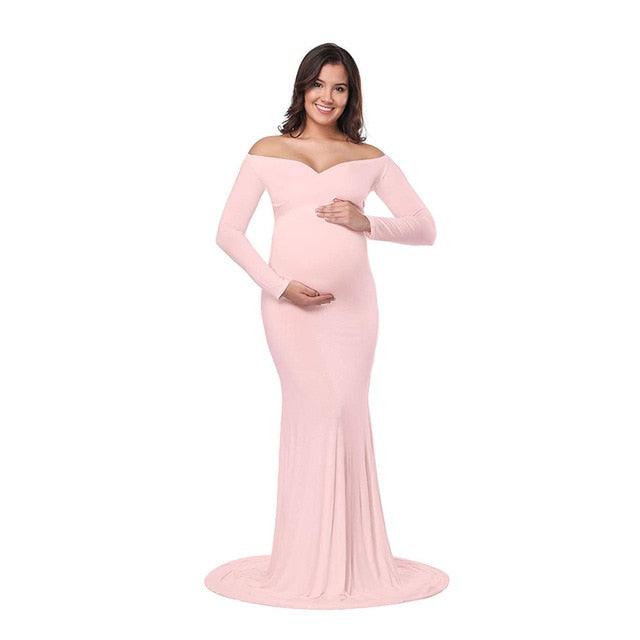Fall Maternity Elegant Fitted Gown Pregnant Photo Shoot Dress - Long Sleeve V Neck Ruched Slim Fit Maxi (1U5)(Z6)(2Z1)