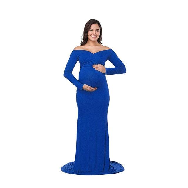 Fall Maternity Elegant Fitted Gown Pregnant Photo Shoot Dress - Long Sleeve V Neck Ruched Slim Fit Maxi (1U5)(Z6)(2Z1)