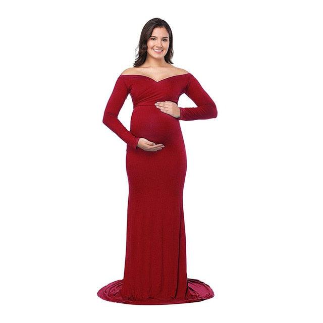 Fall Maternity Elegant Fitted Gown Pregnant Photo Shoot Dress - Long Sleeve V Neck Ruched Slim Fit Maxi (1U5)(Z6)(2Z1)