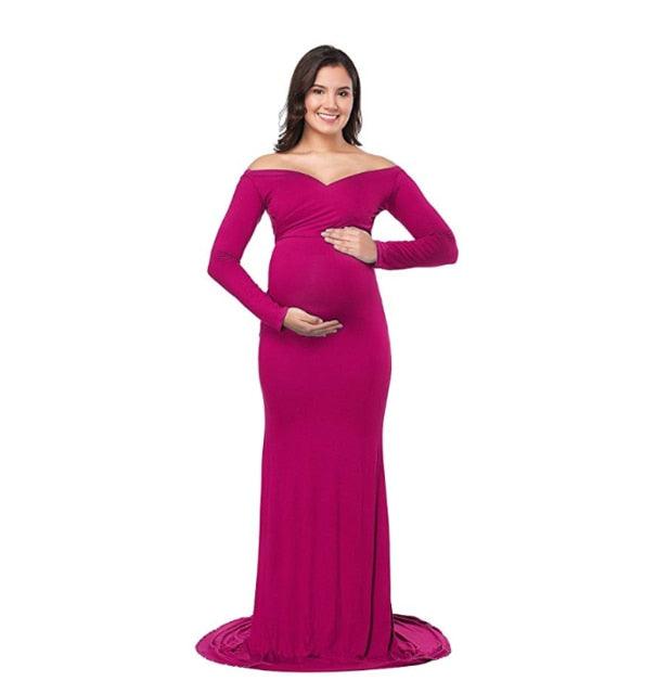 Fall Maternity Elegant Fitted Gown Pregnant Photo Shoot Dress - Long Sleeve V Neck Ruched Slim Fit Maxi (1U5)(Z6)(2Z1)