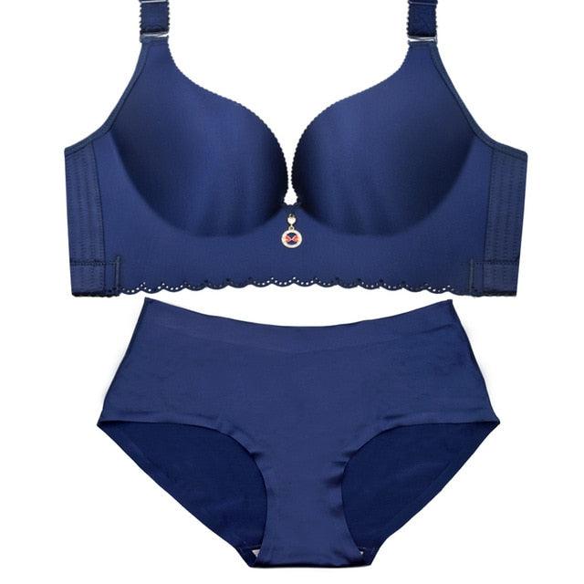 Great Plus Size Bra Set - Wire Free Unlined Bra + Briefs Set - Large Cup Lingerie Underwear Set (TSB4)