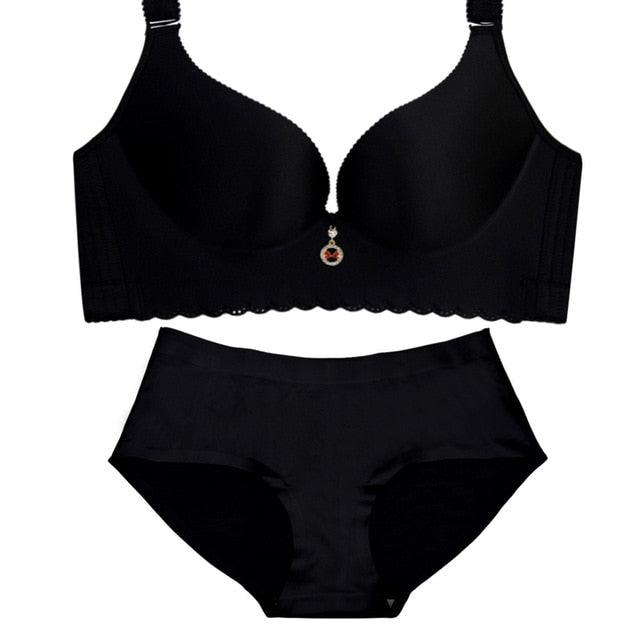 Great Plus Size Bra Set - Wire Free Unlined Bra + Briefs Set - Large Cup Lingerie Underwear Set (TSB4)