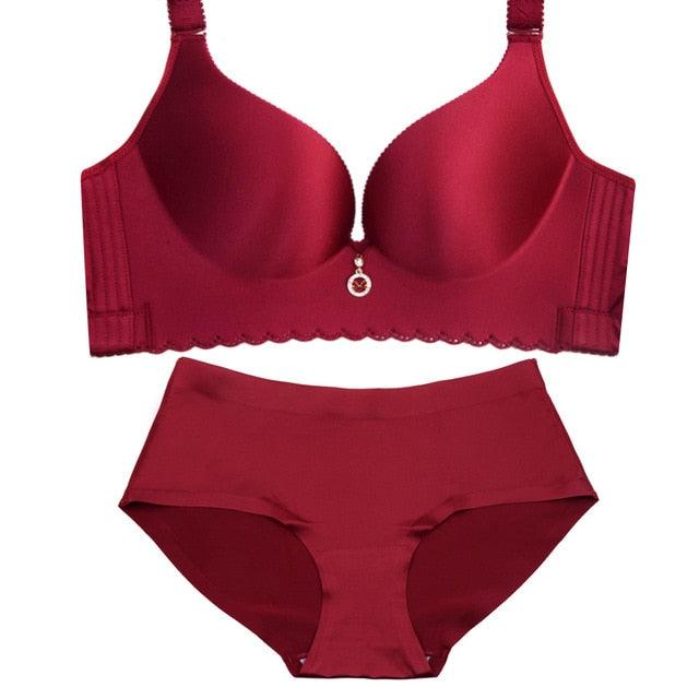 Great Plus Size Bra Set - Wire Free Unlined Bra + Briefs Set - Large Cup Lingerie Underwear Set (TSB4)