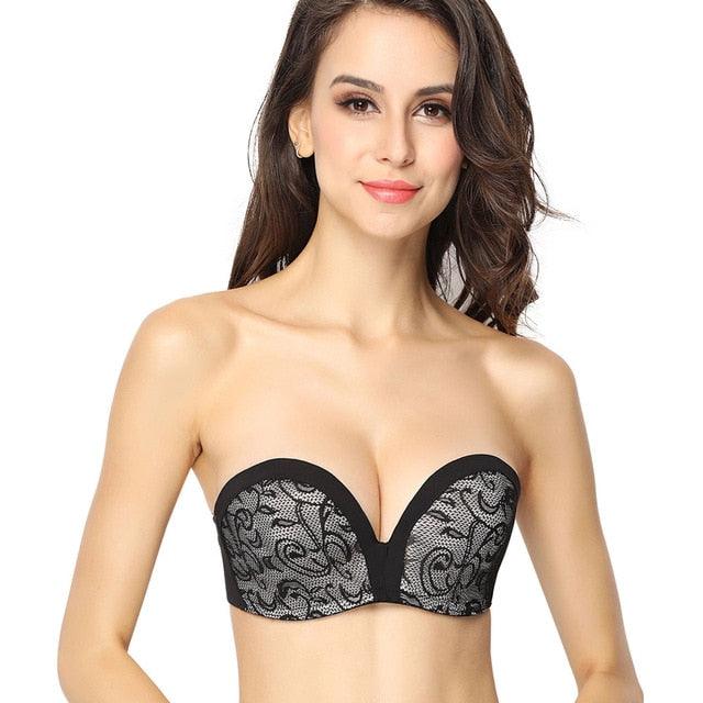 Women's Strapless Lace Bra - Anti Slip Push Up Bra - A B C Cup Demi Hand Shape Lift Bras (D27)(TSB1)