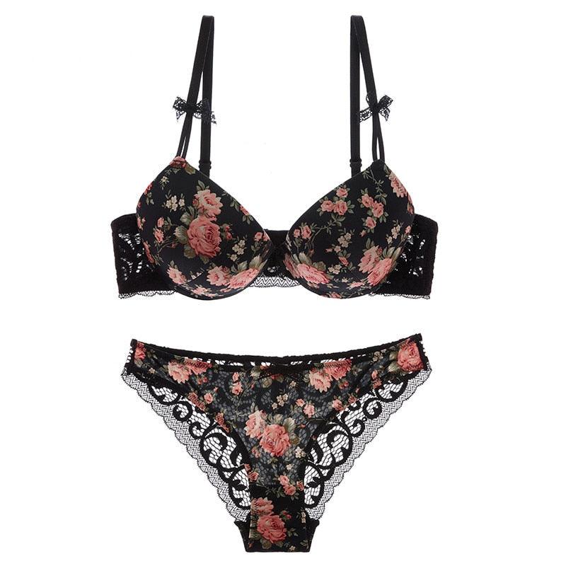 Famous Brand Sexy High Quality Women Print Bra Set - Silk Lace Flower Push up Big size Underwear - Bra + Panties (TSB4)(F27)