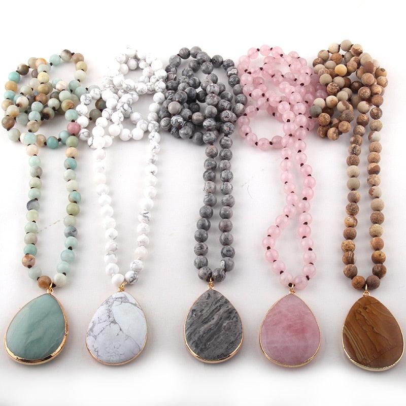 Fashion Bohemian Jewelry Natural Stone Knotted - Matching Drop Pendant Necklaces (5JW)(F81)
