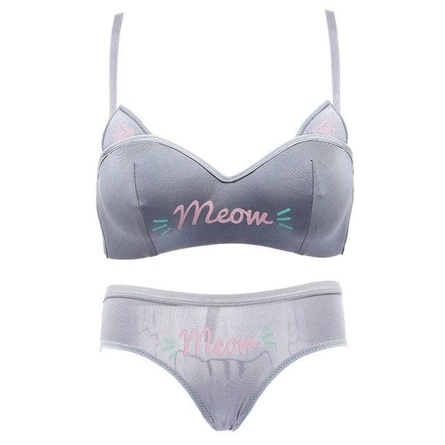 Fashion Women's Cat Ears Half Cup Bra Set - Wire Free Gathered Underwear - Girl Letter Printed Bra With Panties (2U27)(2U28)