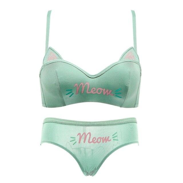 Fashion Women's Cat Ears Half Cup Bra Set - Wire Free Gathered Underwear - Girl Letter Printed Bra With Panties (2U27)(2U28)