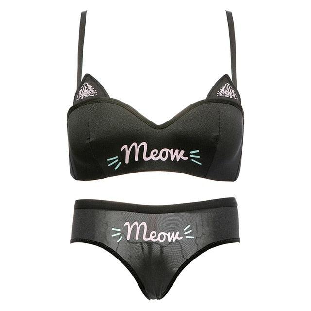 Fashion Women's Cat Ears Half Cup Bra Set - Wire Free Gathered Underwear - Girl Letter Printed Bra With Panties (2U27)(2U28)