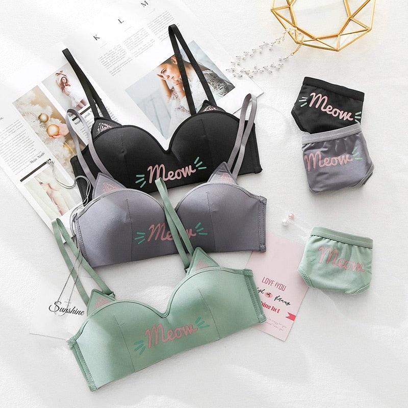 Fashion Women's Cat Ears Half Cup Bra Set - Wire Free Gathered Underwear - Girl Letter Printed Bra With Panties (2U27)(2U28)