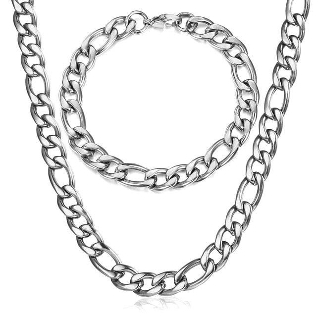Fashion Jewelry Necklace Bracelet Set - Men Women Silver Color Stainless Steel Jewelry Set (2U83)