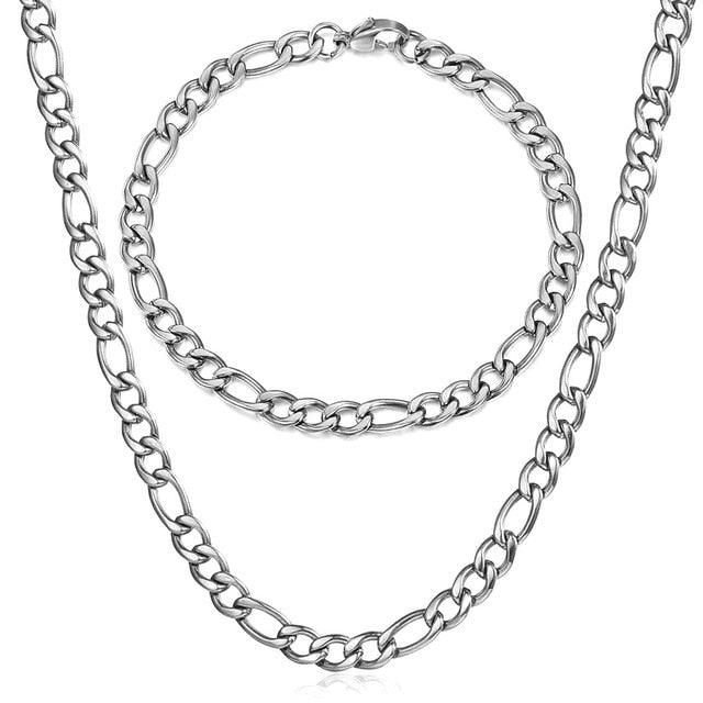 Fashion Jewelry Necklace Bracelet Set - Men Women Silver Color Stainless Steel Jewelry Set (2U83)