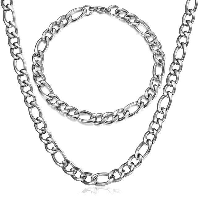 Fashion Jewelry Necklace Bracelet Set - Men Women Silver Color Stainless Steel Jewelry Set (2U83)