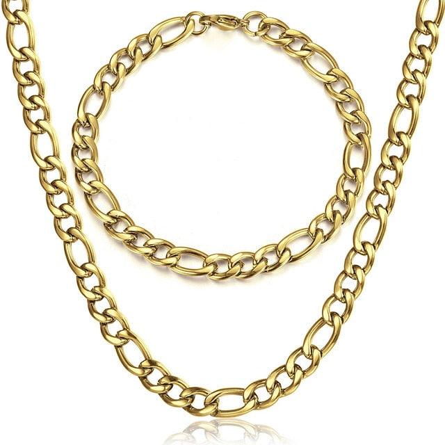Fashion Jewelry Necklace Bracelet Set - Men Women Silver Color Stainless Steel Jewelry Set (2U83)