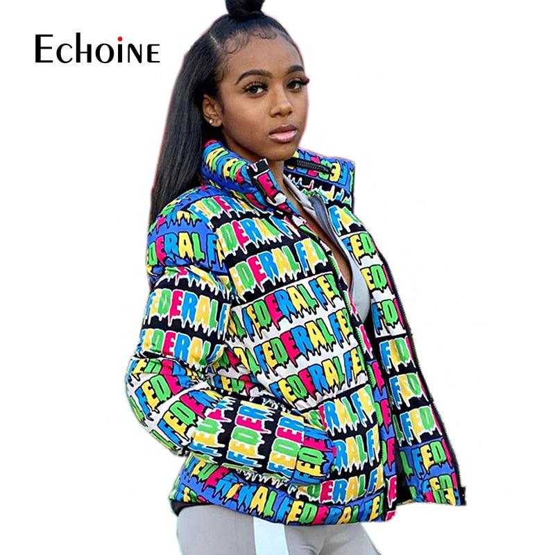 Fashion Letter Print Winter Down Jacket - Women Festival Warm Parka Bubble Coat Top - Warm Thick Stripe Outwear (3U23)
