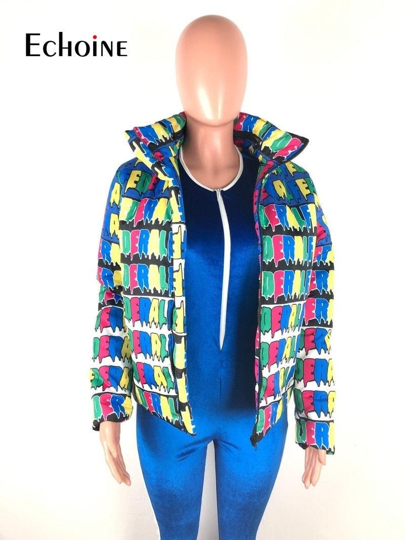 Fashion Letter Print Winter Down Jacket - Women Festival Warm Parka Bubble Coat Top - Warm Thick Stripe Outwear (3U23)