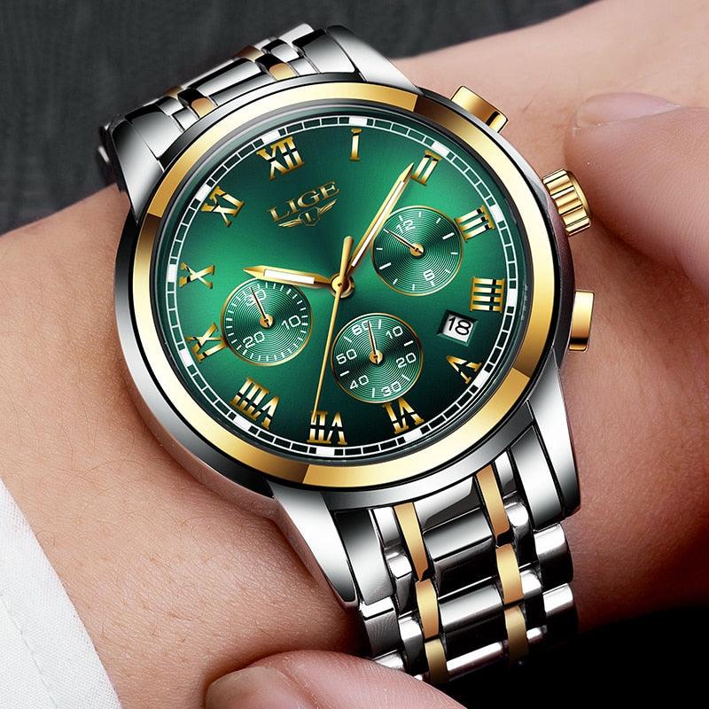 Fashion New Men's Watches - Classic Design Green Dial Business Watch - Waterproof Full Steel Quartz (2MA1)(F84)