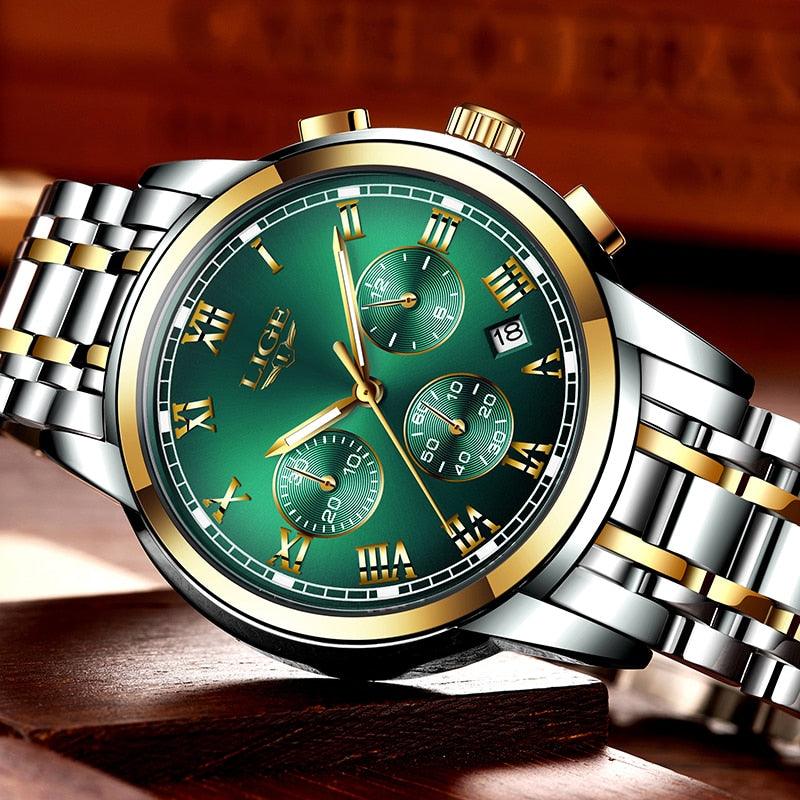 Fashion New Men's Watches - Classic Design Green Dial Business Watch - Waterproof Full Steel Quartz (2MA1)(F84)