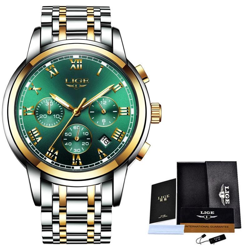 Fashion New Men's Watches - Classic Design Green Dial Business Watch - Waterproof Full Steel Quartz (2MA1)(F84)