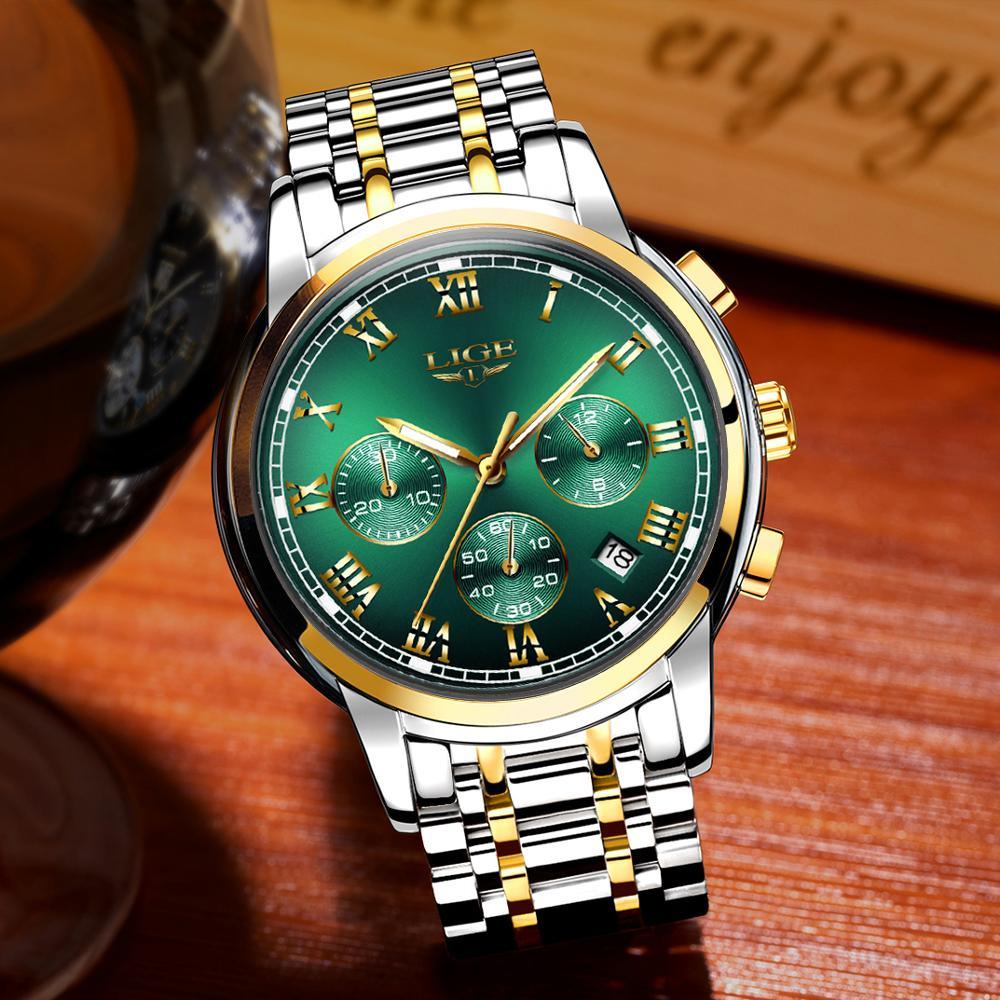 Fashion New Men's Watches - Classic Design Green Dial Business Watch - Waterproof Full Steel Quartz (2MA1)(F84)