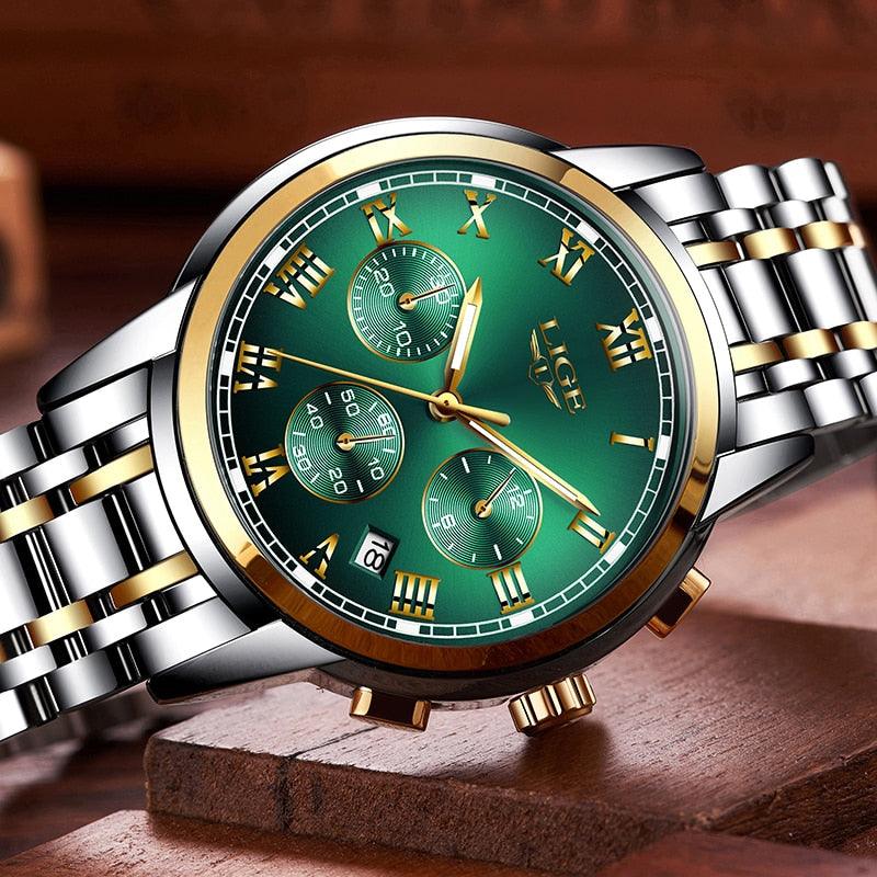 Fashion New Men's Watches - Classic Design Green Dial Business Watch - Waterproof Full Steel Quartz (2MA1)(F84)
