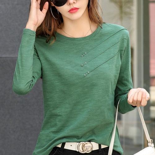 Fashion O-neck Long Sleeve Shirt - Women Plus Size Cotton T-shirt - Autumn Solid Loose Top (TB2)(F19)