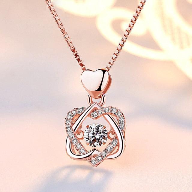 Gorgeous Fashion Romantic Double Heart Flower Pendant Necklace -With Zircon Rose Jewelry (1U81)(5JW)