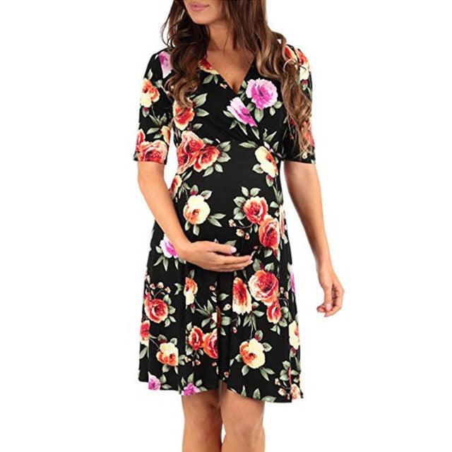 Fashion Women Floral Maternity Midi A-Line Dress - Summer Casual Pregnancy Swing Sundress (5Z1)(1Z1)(Z9)(Z7)(Z6)