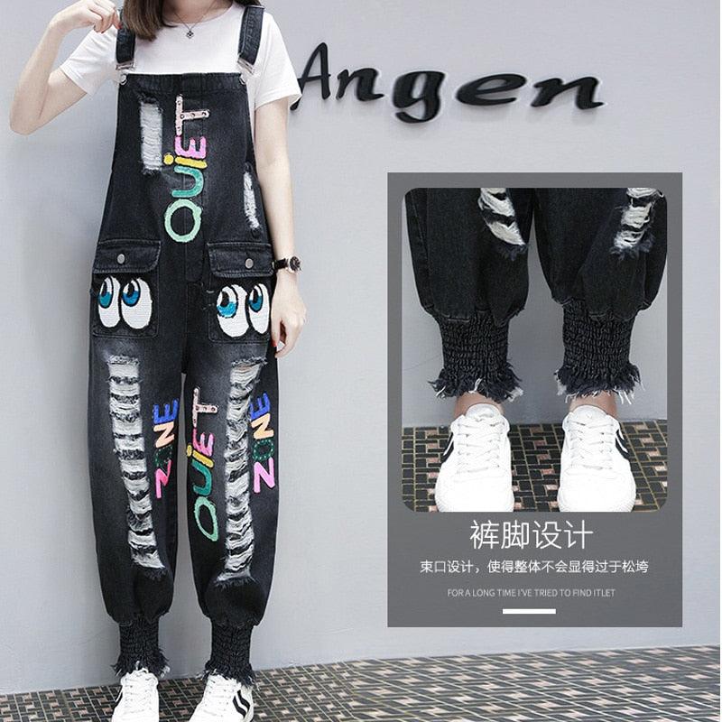 Female Denim Loose Hip Hop Jumpsuits - Fashion Cartoon Letters Hole Bib Pant - Casual Overalls (TBL1)(F33)