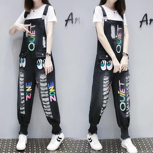 Female Denim Loose Hip Hop Jumpsuits - Fashion Cartoon Letters Hole Bib Pant - Casual Overalls (TBL1)(F33)