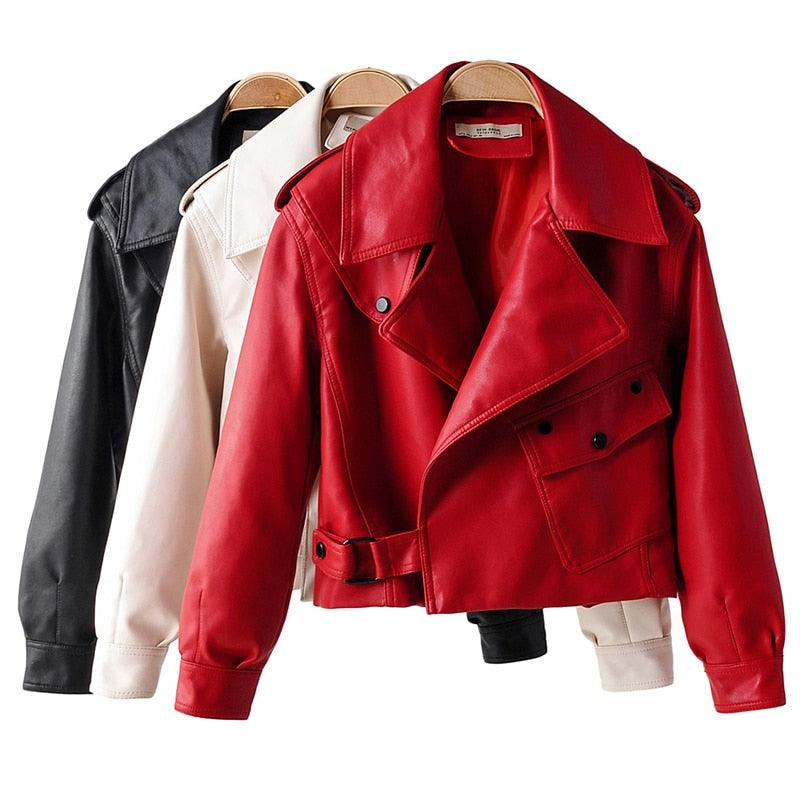 Beautiful Autumn Women Leather Jacket - Turndown Collar Loose Streetwear Black Outerwear (TB8B)