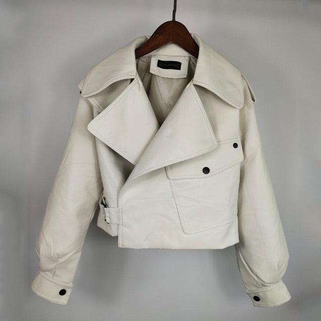 Beautiful Autumn Women Leather Jacket - Turndown Collar Loose Streetwear Black Outerwear (TB8B)