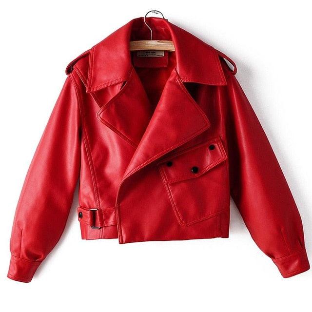 Beautiful Autumn Women Leather Jacket - Turndown Collar Loose Streetwear Black Outerwear (TB8B)