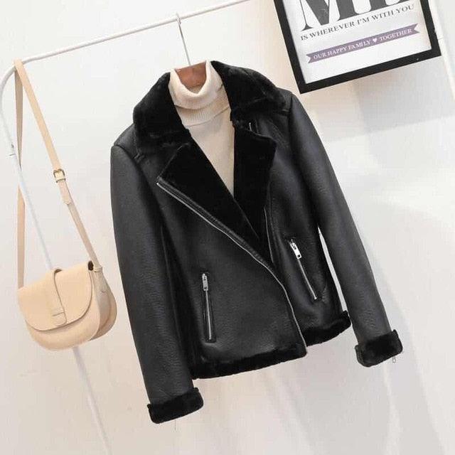 New Winter Women Faux Shearling Sheepskin Coats - Thick Warm Lamb Leather Jacket - Female Overcoat (TB8B)(F23)