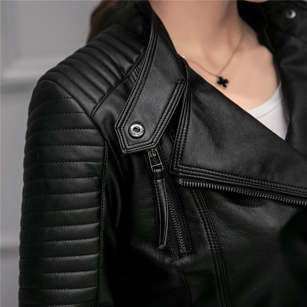 Women Spring Autumn PU Leather Jacket -Casual Slim Soft Jacket - Faux Women Leather Jacket (TB8B)