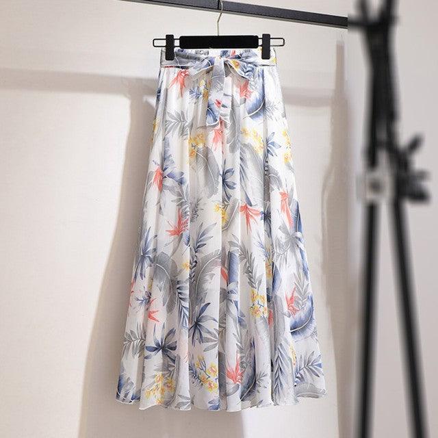 Great Floral Print Long Skirts - Printed Chiffon Skirt - Summer Women Streetwear Drawstring Elastic Waist Midi Skirt (5U22)