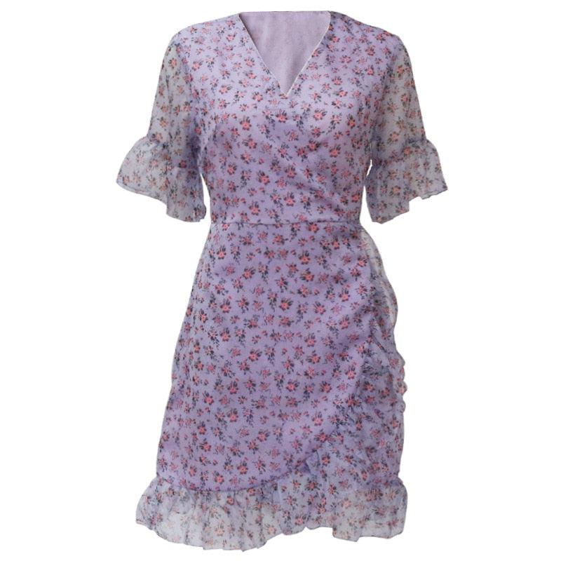 Super Sexy Women Lilac Floral Wrap Dress - Summer Elegant Flare Sleeve Boho Print Mini Sundress Clothes (WS06)