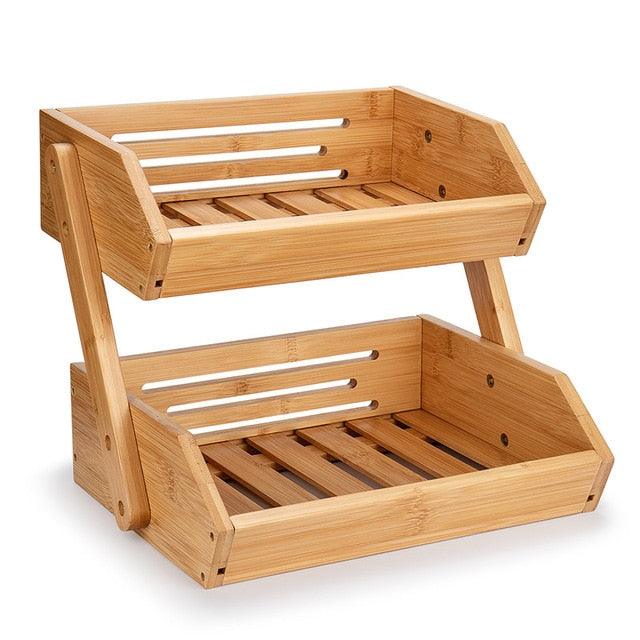Fruit Basket 2 Tire Bamboo Storage Shelf Breathable Removable Food Container (AK9)(1U61)