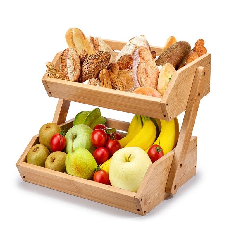 Fruit Basket 2 Tire Bamboo Storage Shelf Breathable Removable Food Container (AK9)(1U61)