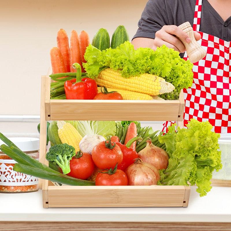 Fruit Basket 2 Tire Bamboo Storage Shelf Breathable Removable Food Container (AK9)(1U61)