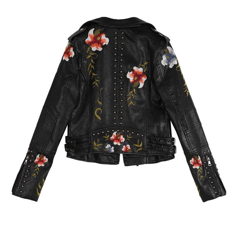 Gorgeous Floral Print Embroidery Faux Soft Leather Jacket Coat - Turn Down Collar - Casual Black Punk Outerwear (TB8B)