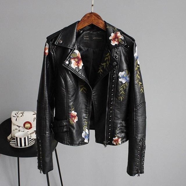 Gorgeous Floral Print Embroidery Faux Soft Leather Jacket Coat - Turn Down Collar - Casual Black Punk Outerwear (TB8B)