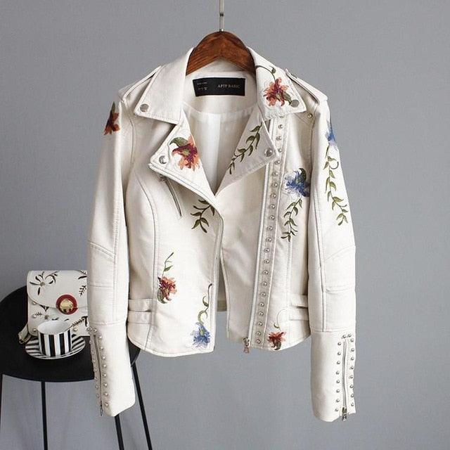 Gorgeous Floral Print Embroidery Faux Soft Leather Jacket Coat - Turn Down Collar - Casual Black Punk Outerwear (TB8B)