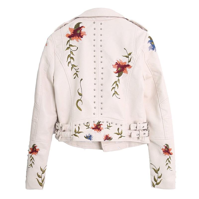 Gorgeous Floral Print Embroidery Faux Soft Leather Jacket Coat - Turn Down Collar - Casual Black Punk Outerwear (TB8B)
